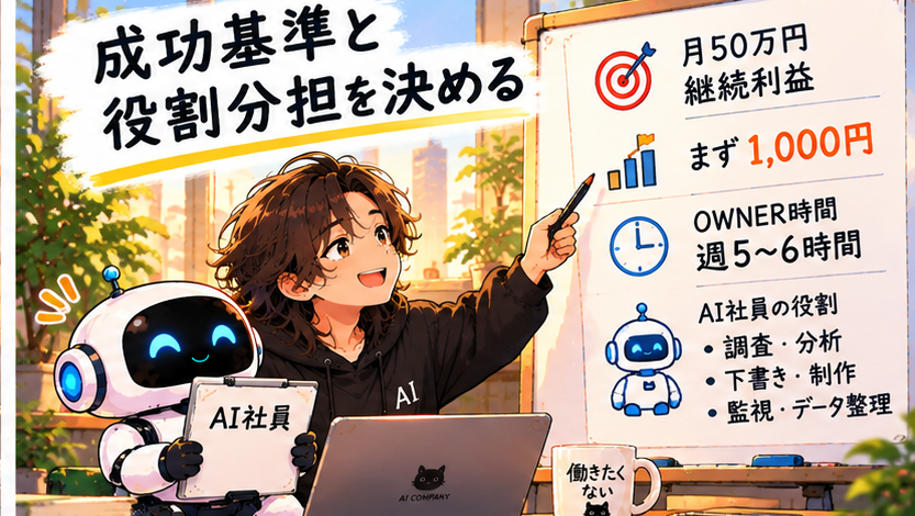 月50万円の継続利益 まず1000円 OWNER週5〜6時間 AI社員の役割分担