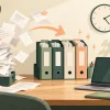 仕事の時短をイメージした、時計と整理された書類・パソコンのAI生成イラスト