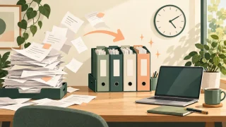 仕事の時短をイメージした、時計と整理された書類・パソコンのAI生成イラスト