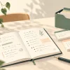 仕事用メモの書く・保存する・見返す流れをイメージした、ノートとカードのAI生成イラスト
