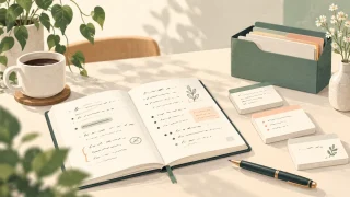 仕事用メモの書く・保存する・見返す流れをイメージした、ノートとカードのAI生成イラスト