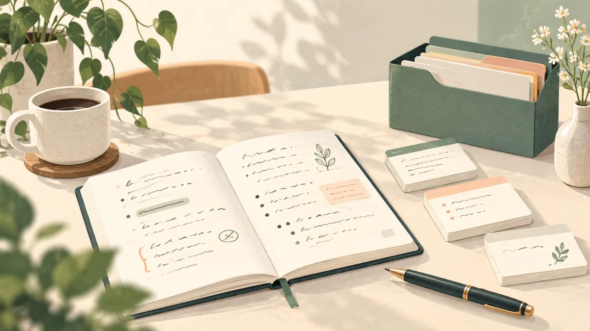 仕事用メモの書く・保存する・見返す流れをイメージした、ノートとカードのAI生成イラスト