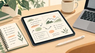手書きメモと仕事の道具選びをイメージした、タブレット・ペン・紙・パソコンのAI生成イラスト