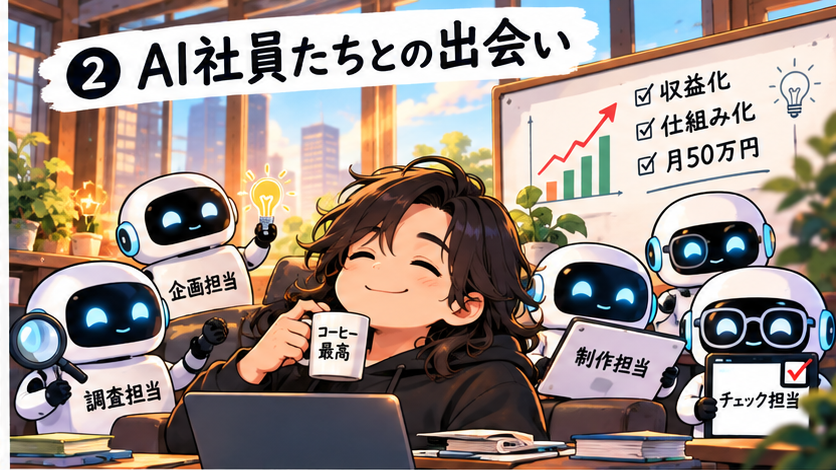 かなた社長がAI社員と一緒に仕事の役割分担を考える様子