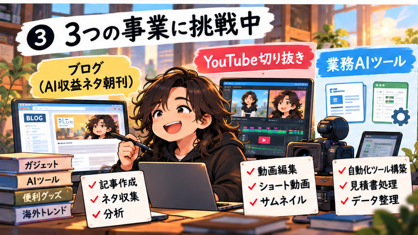 ブログ、動画切り抜き、業務AIツールの3つの事業に挑戦するかなた社長